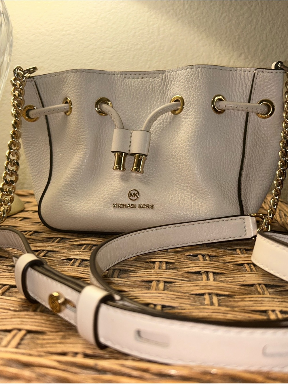 Michael Kors White Pebble Leather Drawstring Crossbody with Gold Hardware
